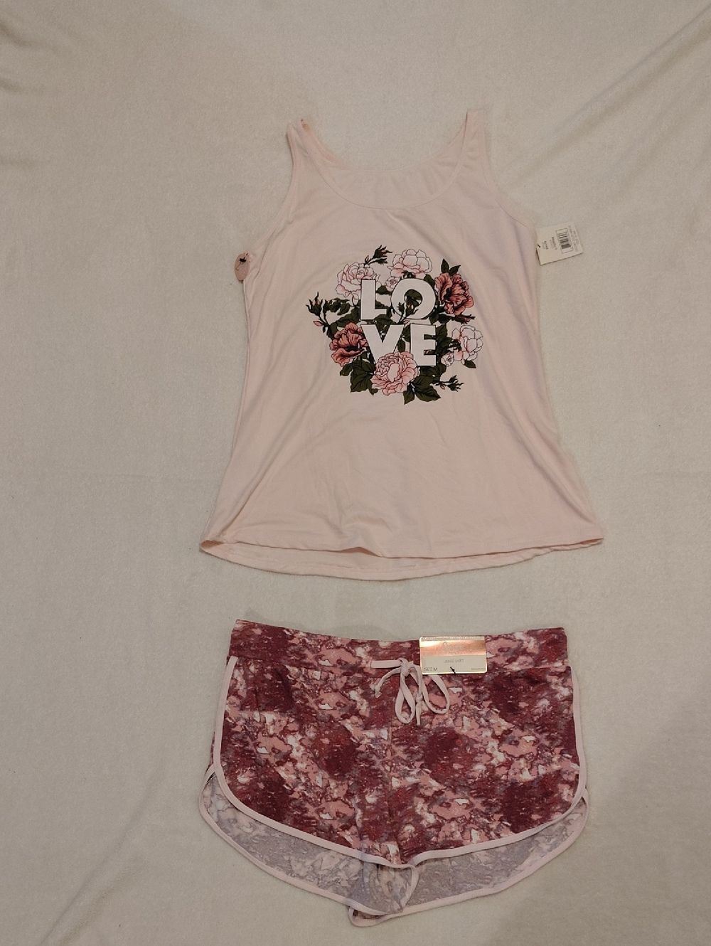 Floral 'LOVE' Pink Tank & Maroon Patterned Shorts Sleep Set